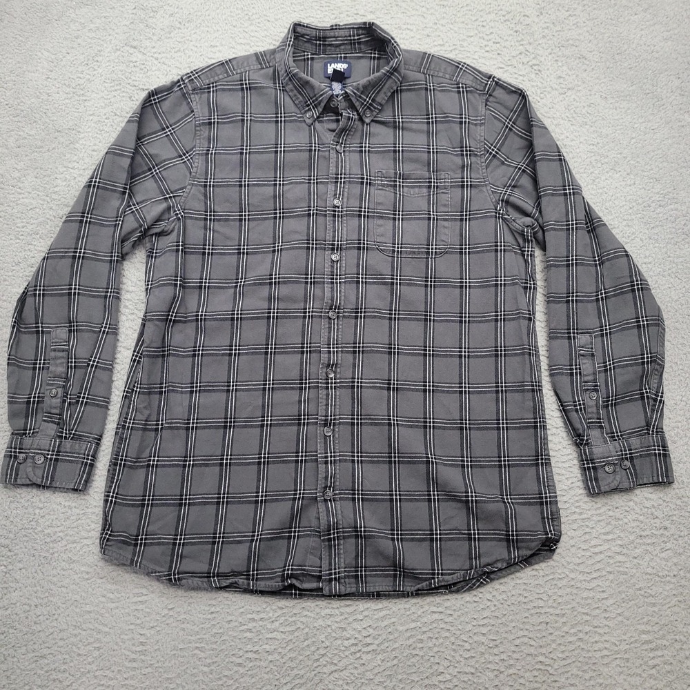 Lands End Shirt Mens XL Gray‎ Black Plaid Long Sleeve Button Up Traditional Fit